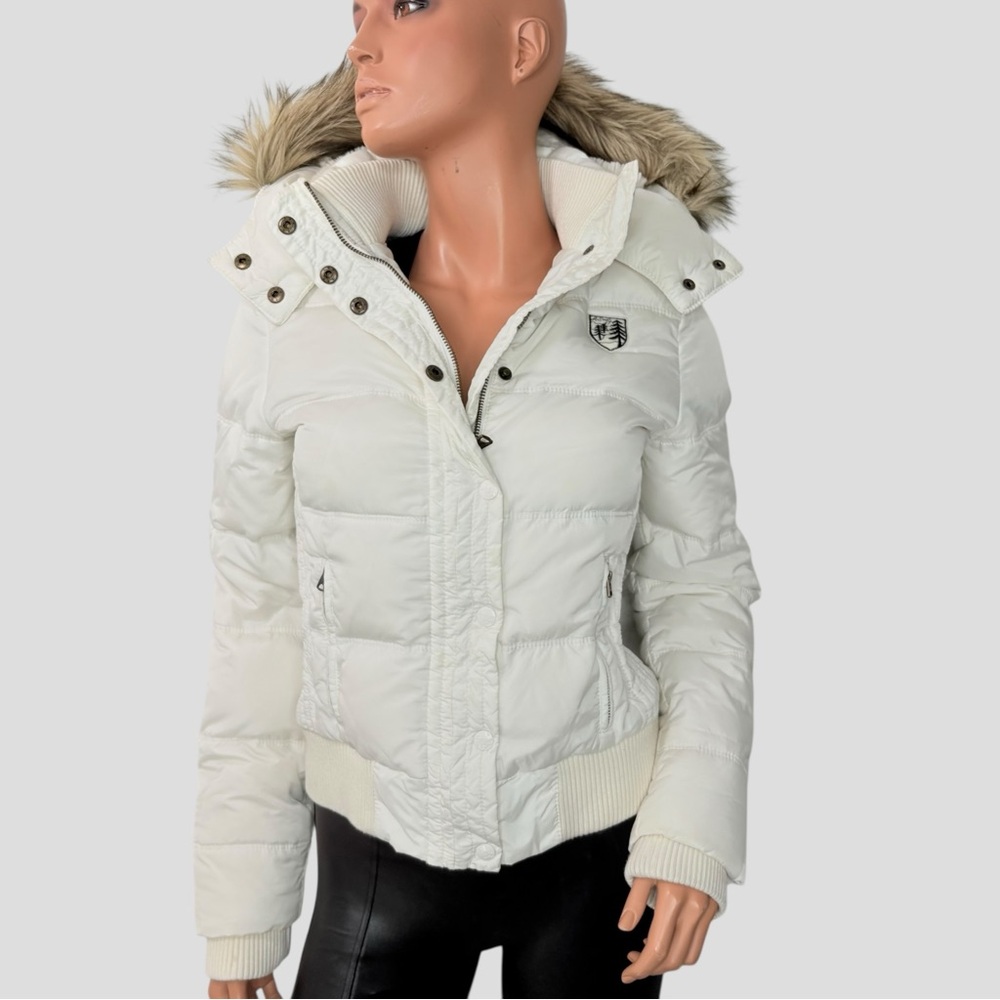 American Eagle Down Feather Puffer Jacket M White Faux Fur Hood Y2K Snow Bunny - Picture 8 of 15